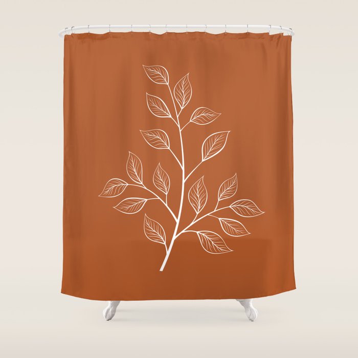 Delicate White Leaves and Branch on a Rust Orange Background Shower Curtain Gallery Image 1