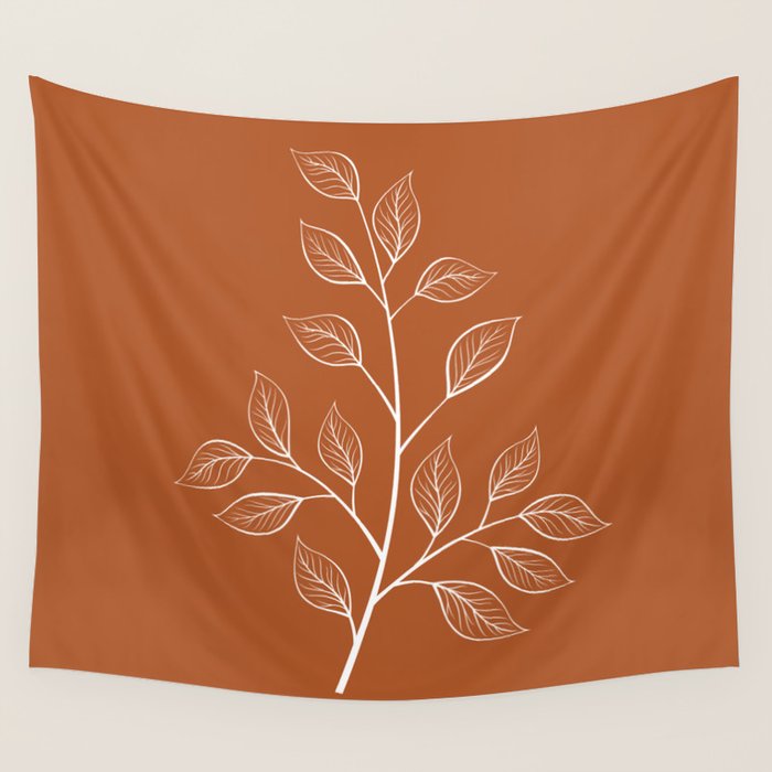 Delicate White Leaves and Branch on a Rust Orange Background Wall Tapestry Gallery Image 1