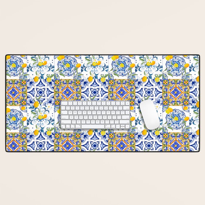 Summer, citrus ,Mediterranean style ,flowers,lemon fruit pattern  Desk Mat Gallery Image 1