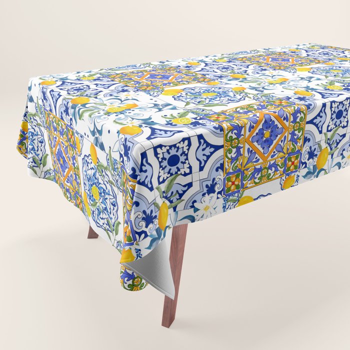 Summer, citrus ,Mediterranean style ,flowers,lemon fruit pattern  Tablecloth Gallery Image 1