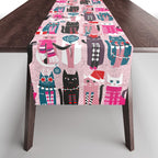 Feline Christmas vibes // pastel pink background green fuchsia pink white and black kittens Table Runner Gallery Image 1