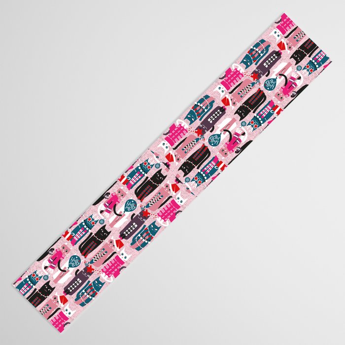 Feline Christmas vibes // pastel pink background green fuchsia pink white and black kittens Table Runner Gallery Image 3