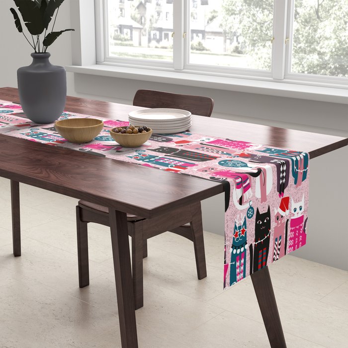 Feline Christmas vibes // pastel pink background green fuchsia pink white and black kittens Table Runner Gallery Image 2