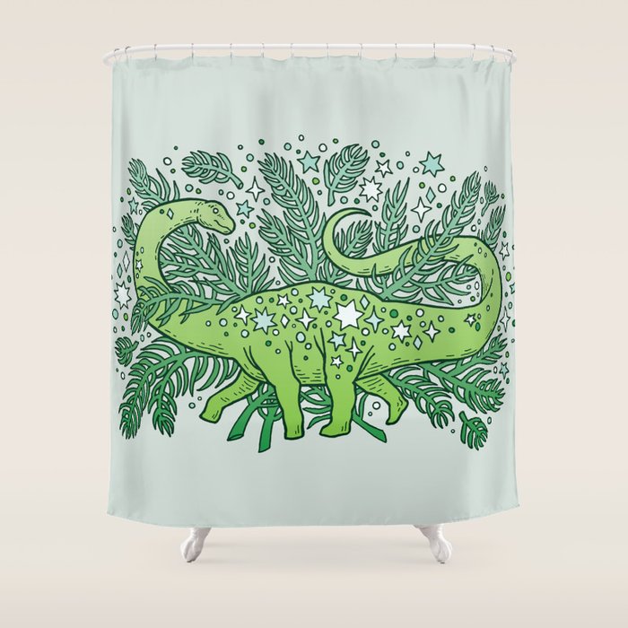 Evergreen Apatosaurus | Dinosaur Cosmic Festive Art Shower Curtain