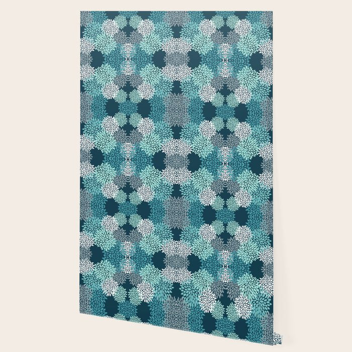 Modern Flowers Print, Teal and White Wallpaper Gallery Image 2