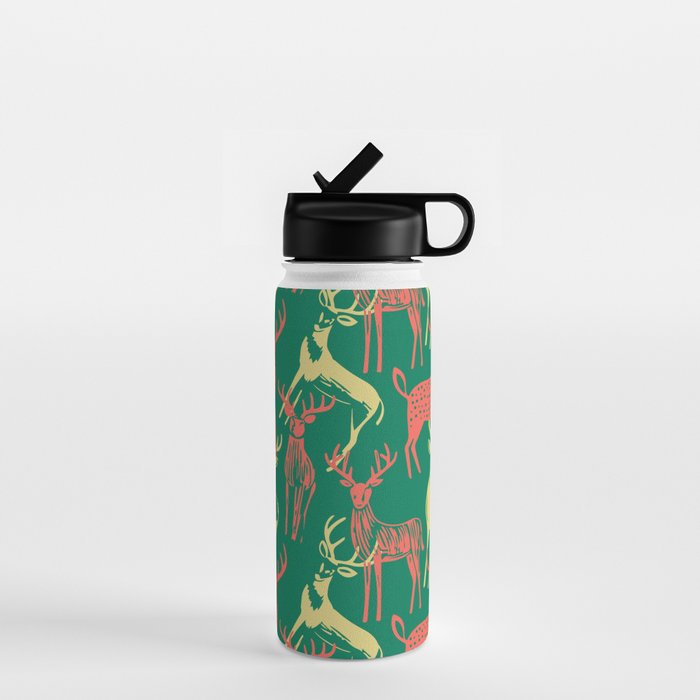 Green christmas reindeer animal pattern Water Bottle Gallery Image 1