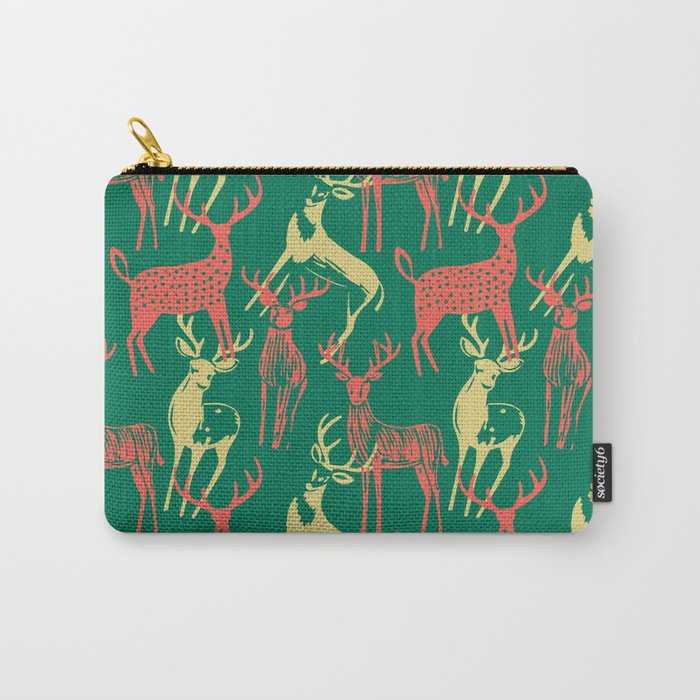 Green christmas reindeer animal pattern Carry All Pouch Gallery Image 1
