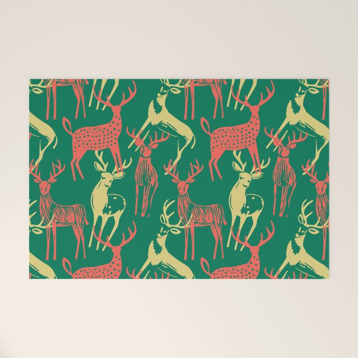 Green christmas reindeer animal pattern Welcome Mat Gallery Image 1