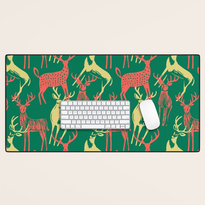 Green christmas reindeer animal pattern Desk Mat Gallery Image 1