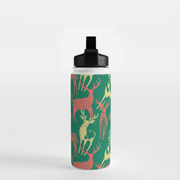 Green christmas reindeer animal pattern Water Bottle Gallery Image 2