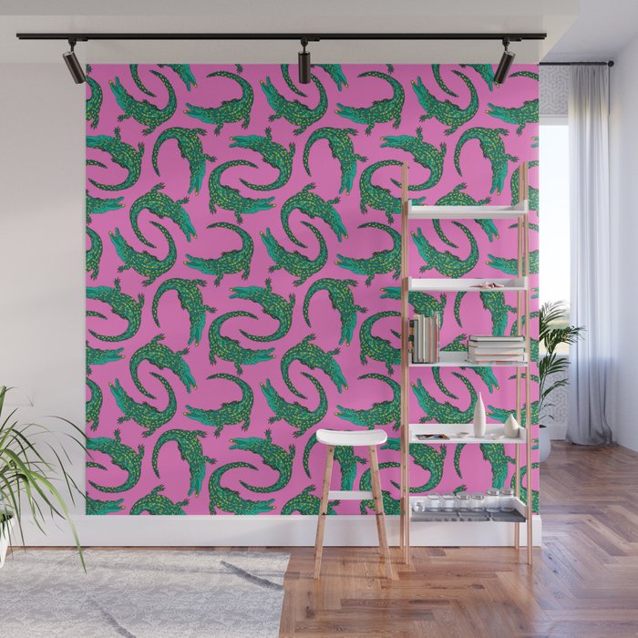 Crocodiles (Pink and Green) Wall Mural Gallery Image 1