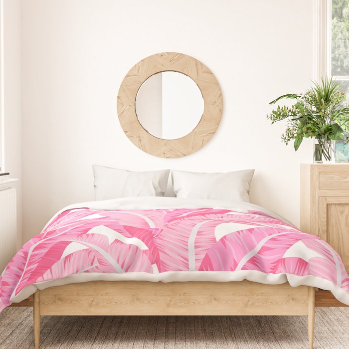 Pink banana leaves tropical pattern on white Duvet Cover Gallery Image 3