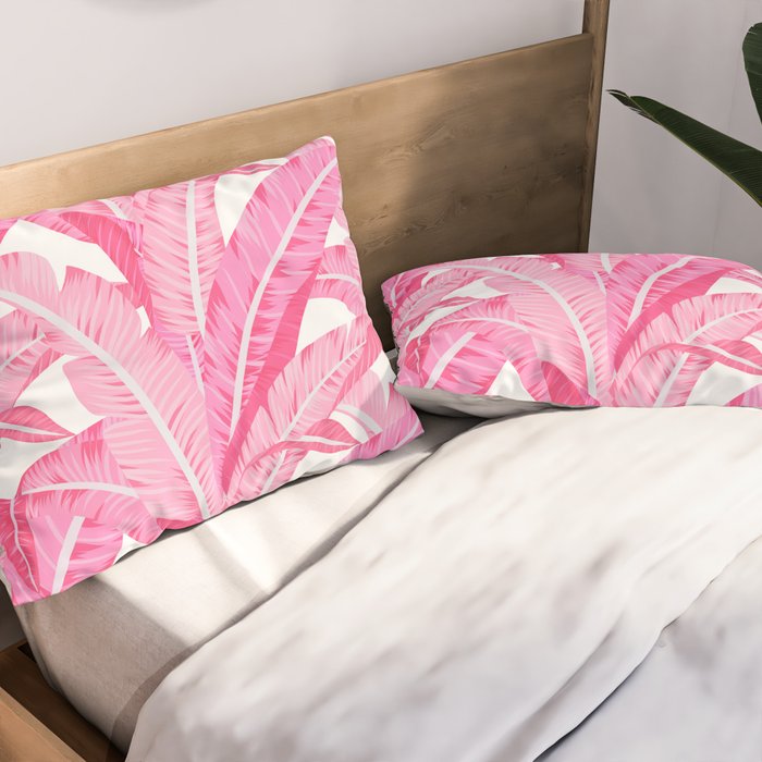 Pink banana leaves tropical pattern on white Pillow Sham Gallery Image 2