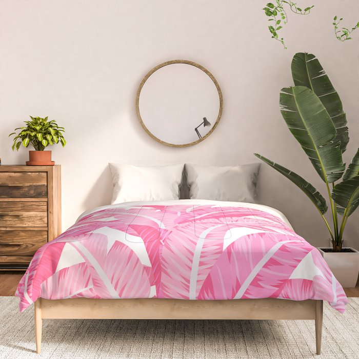 Pink banana leaves tropical pattern on white Comforter Gallery Image 3