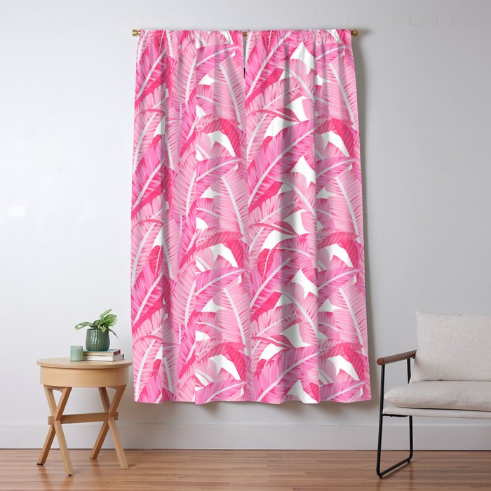 Pink banana leaves tropical pattern on white Window Curtain