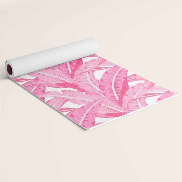 Pink banana leaves tropical pattern on white Yoga Mat Gallery Image 2