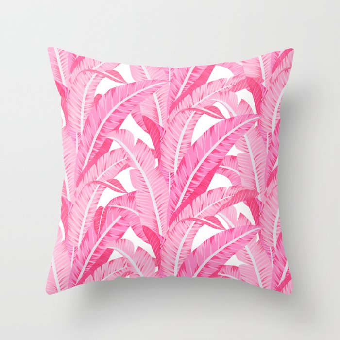 Pink banana leaves tropical pattern on white Throw Pillow Gallery Image 1