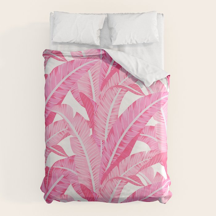 Pink banana leaves tropical pattern on white Duvet Cover Gallery Image 1
