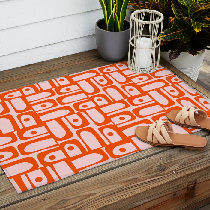 Mid Century Modern Piquet Abstract Multi Geometric Pattern in Tangerine Orange and Light Pink Outdoor Rug Gallery Image 2