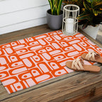 Mid Century Modern Piquet Abstract Multi Geometric Pattern in Tangerine Orange and Light Pink Outdoor Rug Gallery Image 2