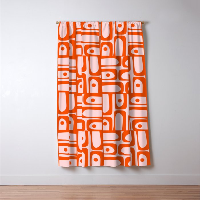 Mid Century Modern Piquet Abstract Multi Geometric Pattern in Tangerine Orange and Light Pink Window Curtain Gallery Image 3