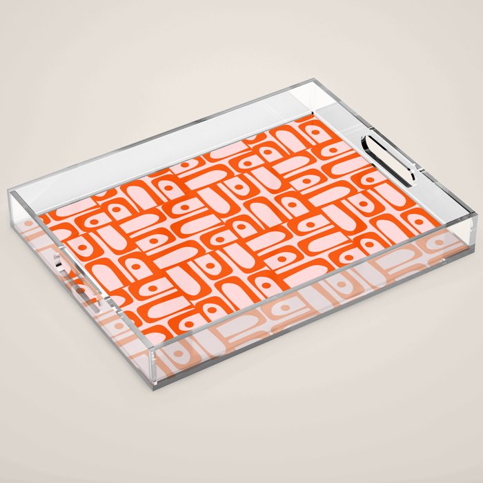 Mid Century Modern Piquet Abstract Multi Geometric Pattern in Tangerine Orange and Light Pink Acrylic Tray Gallery Image 1
