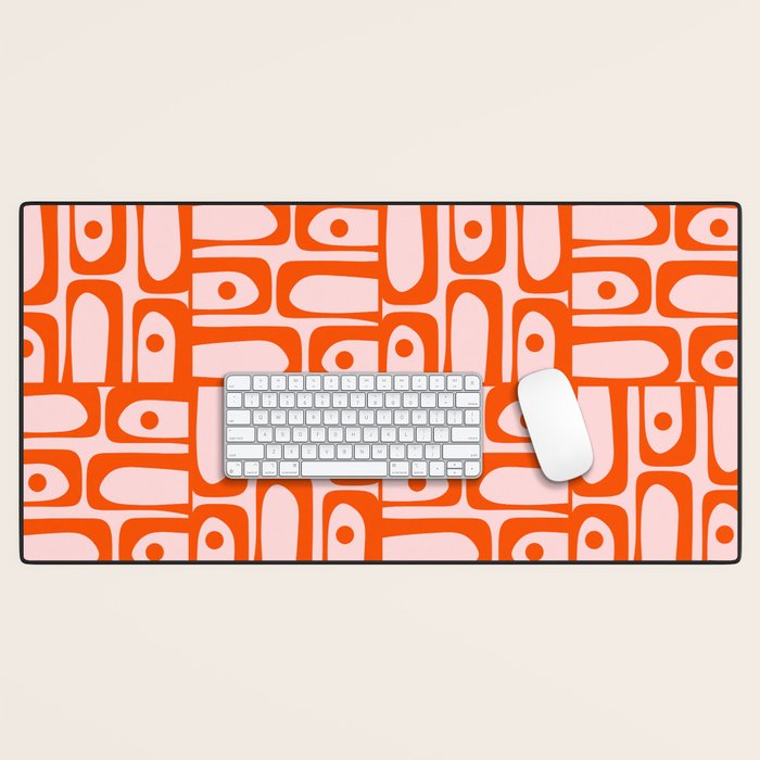 Mid Century Modern Piquet Abstract Multi Geometric Pattern in Tangerine Orange and Light Pink Desk Mat Gallery Image 1