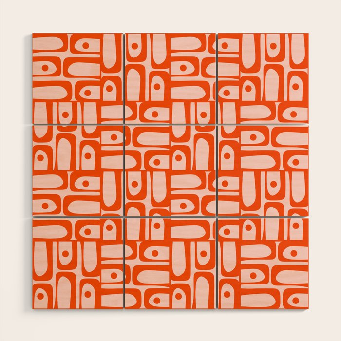 Mid Century Modern Piquet Abstract Multi Geometric Pattern in Tangerine Orange and Light Pink Wood Wall Art Gallery Image 1