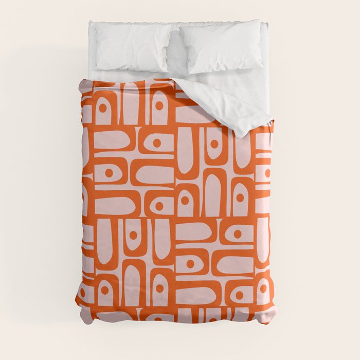 Mid Century Modern Piquet Abstract Multi Geometric Pattern in Tangerine Orange and Light Pink Duvet Cover Gallery Image 3