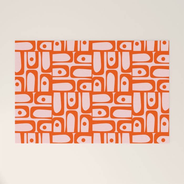 Mid Century Modern Piquet Abstract Multi Geometric Pattern in Tangerine Orange and Light Pink Welcome Mat Gallery Image 1