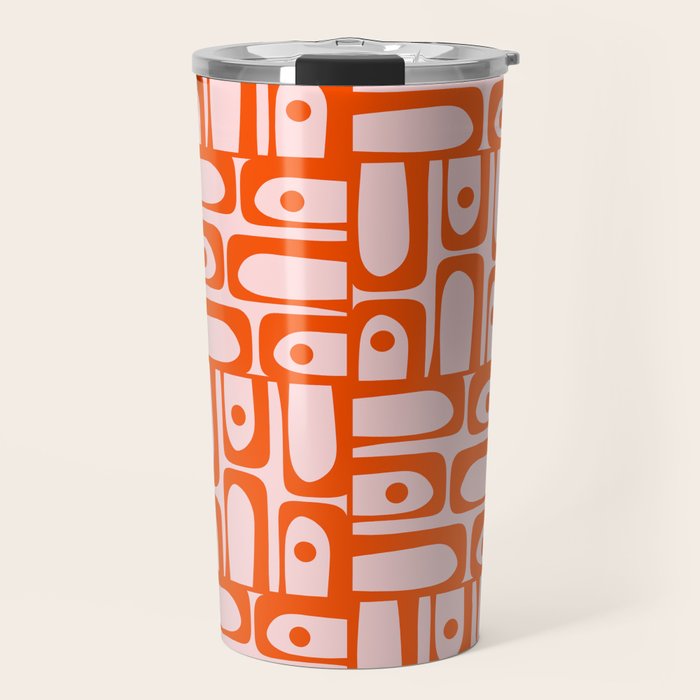 Mid Century Modern Piquet Abstract Multi Geometric Pattern in Tangerine Orange and Light Pink Travel Mug Gallery Image 1