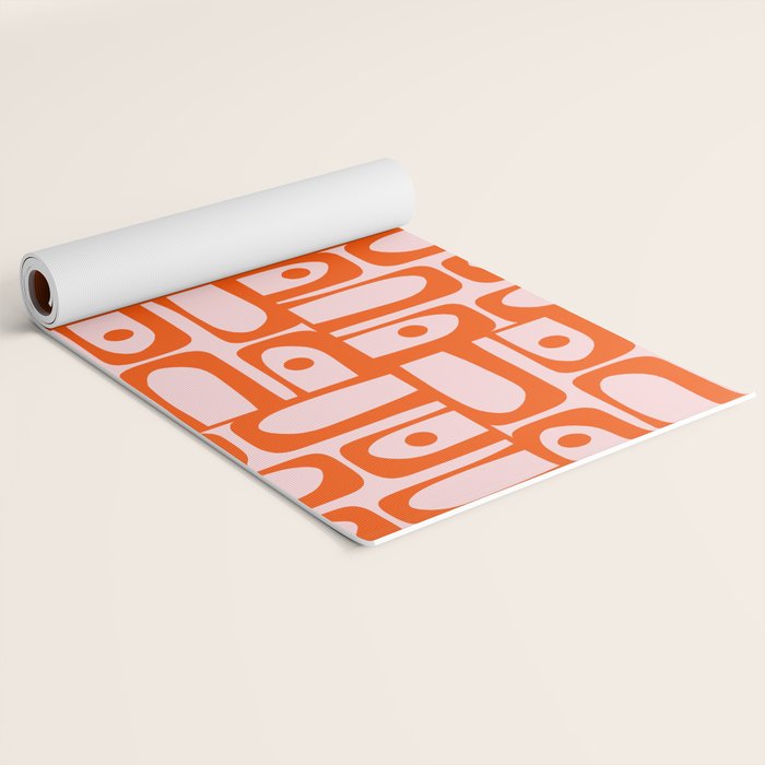 Mid Century Modern Piquet Abstract Multi Geometric Pattern in Tangerine Orange and Light Pink Yoga Mat Gallery Image 2