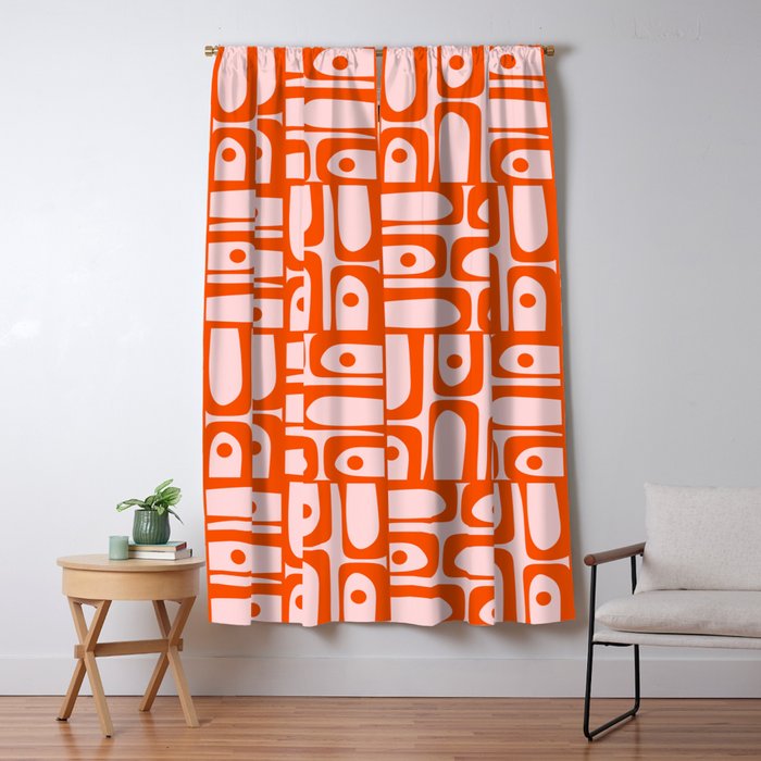 Mid Century Modern Piquet Abstract Multi Geometric Pattern in Tangerine Orange and Light Pink Window Curtain Gallery Image 5