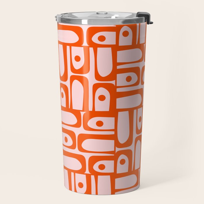Mid Century Modern Piquet Abstract Multi Geometric Pattern in Tangerine Orange and Light Pink Travel Mug Gallery Image 2