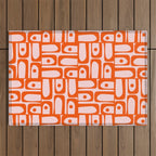 Mid Century Modern Piquet Abstract Multi Geometric Pattern in Tangerine Orange and Light Pink Outdoor Rug Gallery Image 1