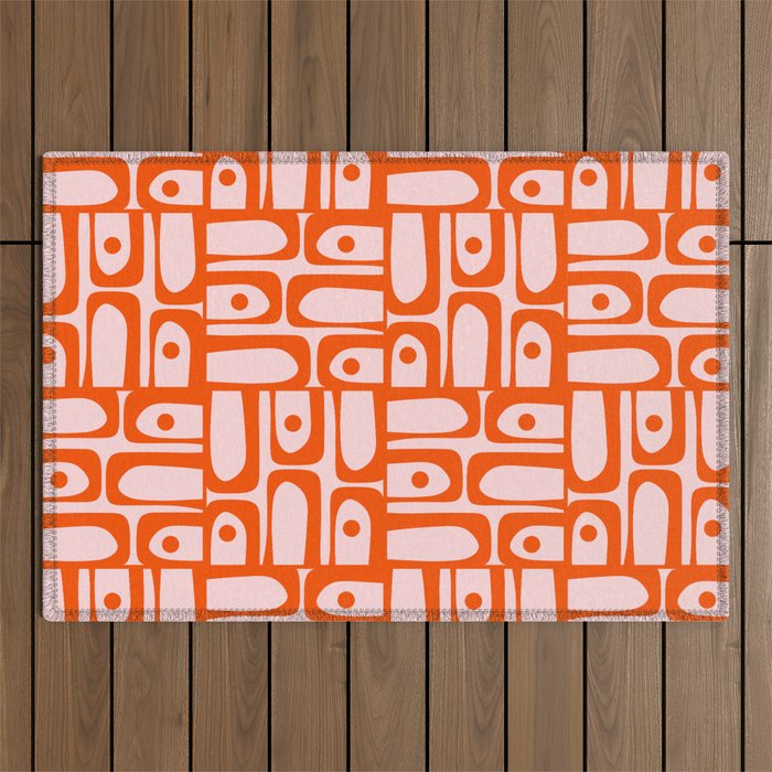 Mid Century Modern Piquet Abstract Multi Geometric Pattern in Tangerine Orange and Light Pink Outdoor Rug Gallery Image 1