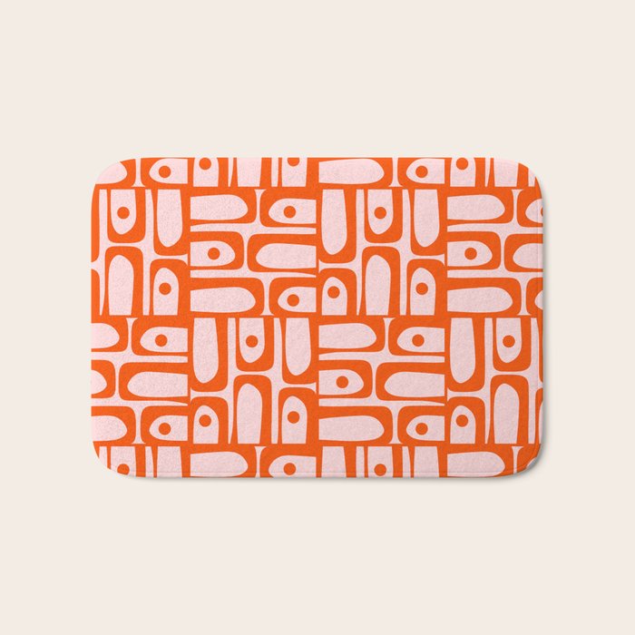 Mid Century Modern Piquet Abstract Multi Geometric Pattern in Tangerine Orange and Light Pink Bath Mat Gallery Image 1