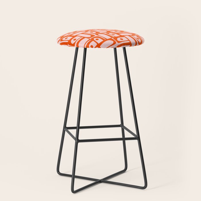 Mid Century Modern Piquet Abstract Multi Geometric Pattern in Tangerine Orange and Light Pink Stool Gallery Image 1