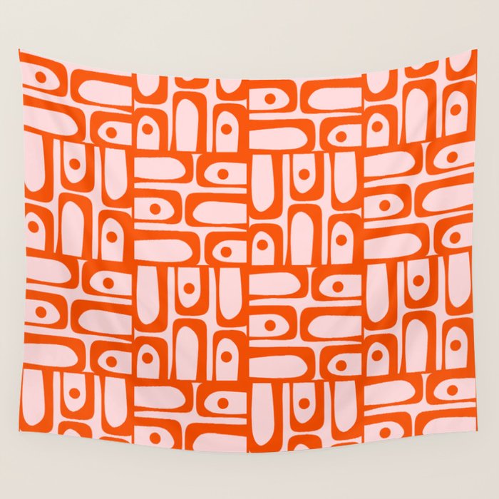 Mid Century Modern Piquet Abstract Multi Geometric Pattern in Tangerine Orange and Light Pink Wall Tapestry Gallery Image 4
