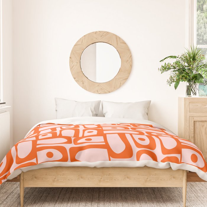 Mid Century Modern Piquet Abstract Multi Geometric Pattern in Tangerine Orange and Light Pink Duvet Cover Gallery Image 3
