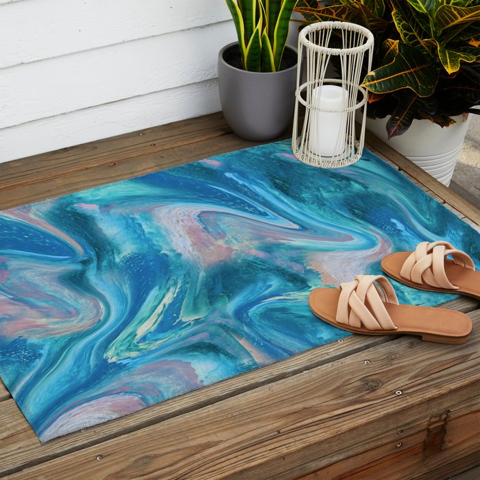 Gemstone [1]: a melted abstract watercolor design in blue pink and green by Alyssa Hamilton Art  Outdoor Rug Gallery Image 2