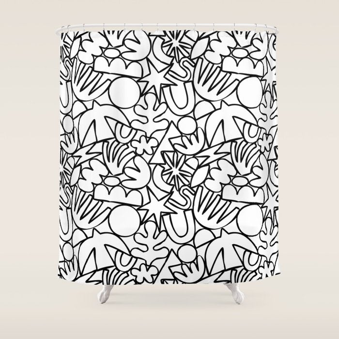 Black and white organic nature shape drawing pattern Shower Curtain Gallery Image 1