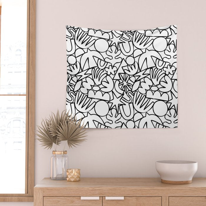Black and white organic nature shape drawing pattern Wall Tapestry Gallery Image 2
