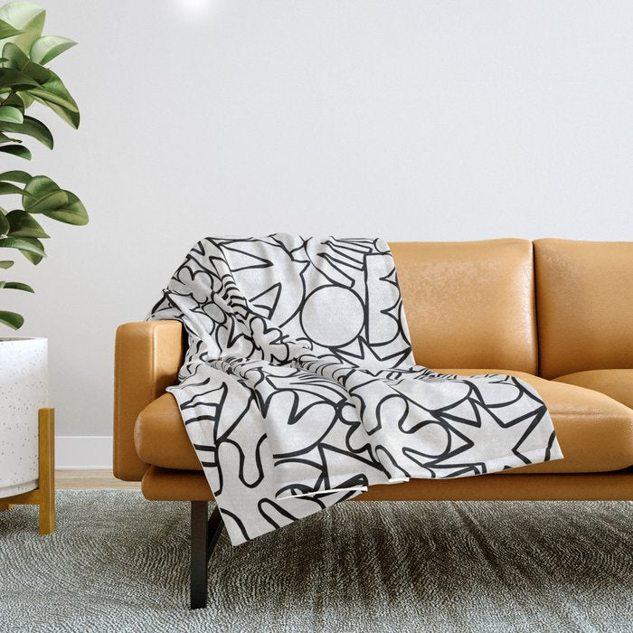 Black and white organic nature shape drawing pattern Throw Blanket Gallery Image 1