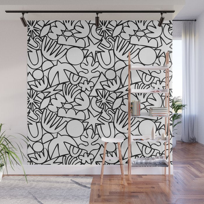 Black and white organic nature shape drawing pattern Wall Mural Gallery Image 1