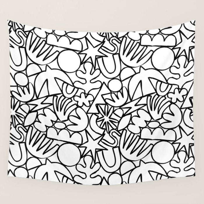 Black and white organic nature shape drawing pattern Wall Tapestry Gallery Image 4