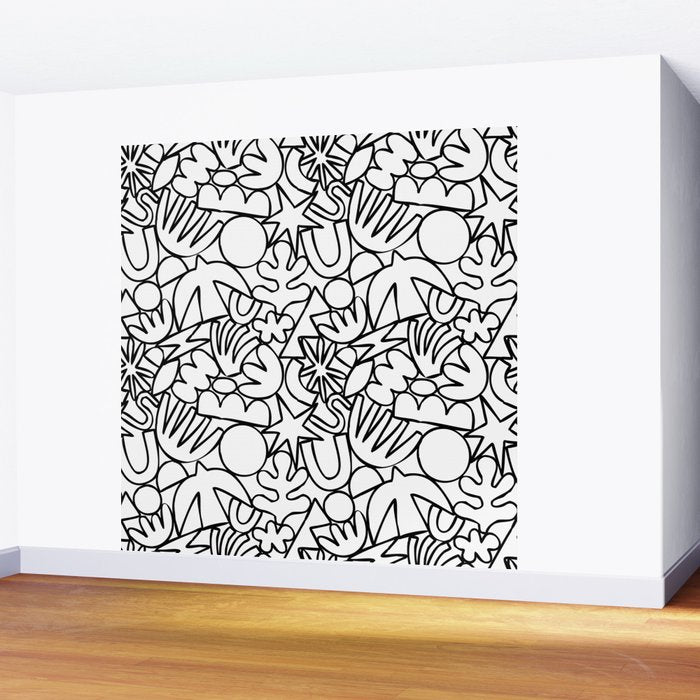 Black and white organic nature shape drawing pattern Wall Mural Gallery Image 2