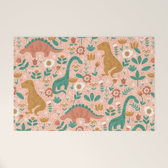 Folk Floral Dinosaurs in Pink Welcome Mat Gallery Image 1