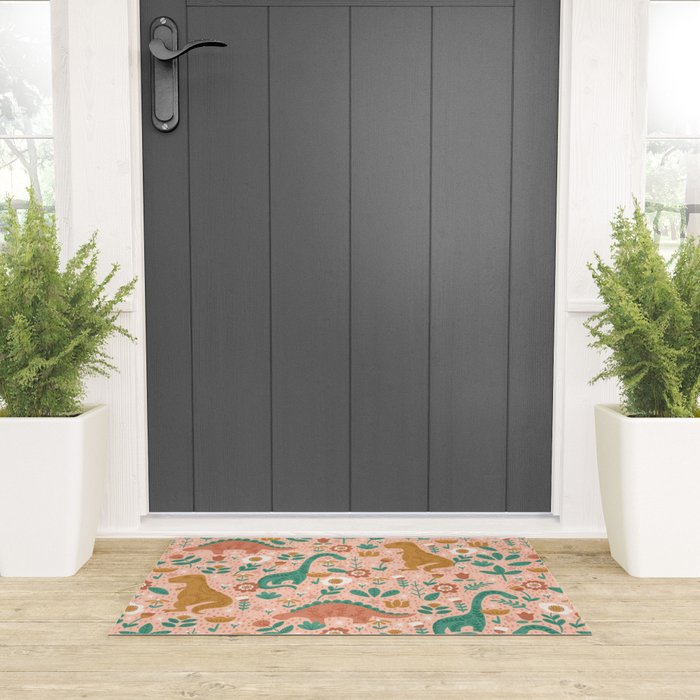 Folk Floral Dinosaurs in Pink Welcome Mat Gallery Image 3