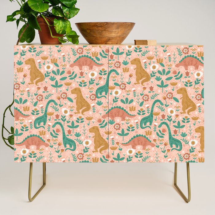 Folk Floral Dinosaurs in Pink Credenza Gallery Image 1